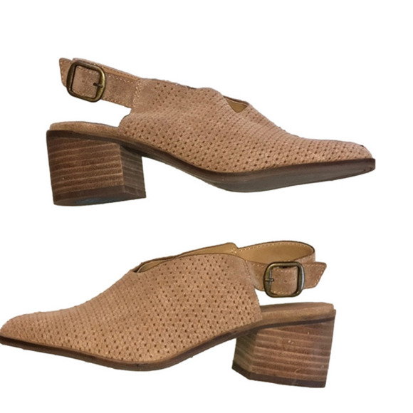 Lucky Brand Taupe Leather Slip On Block Heel Buckle Closer size 6.5 - Picture 1 of 6